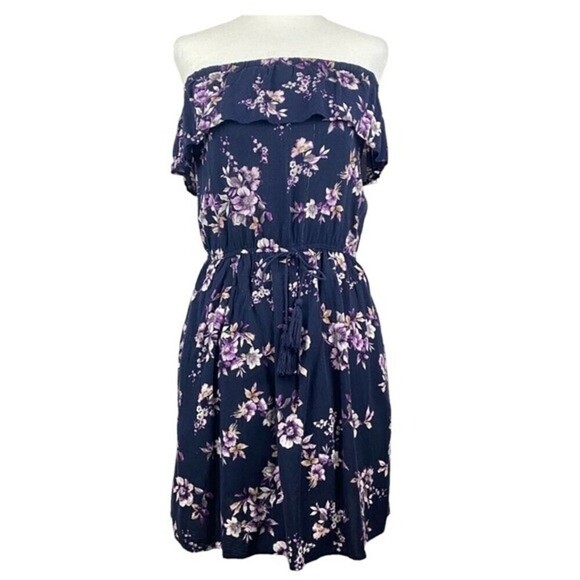 Mossimo Strapless Dress Womens Small Blue Floral Short Dress Casual Pockets - Picture 1 of 7
